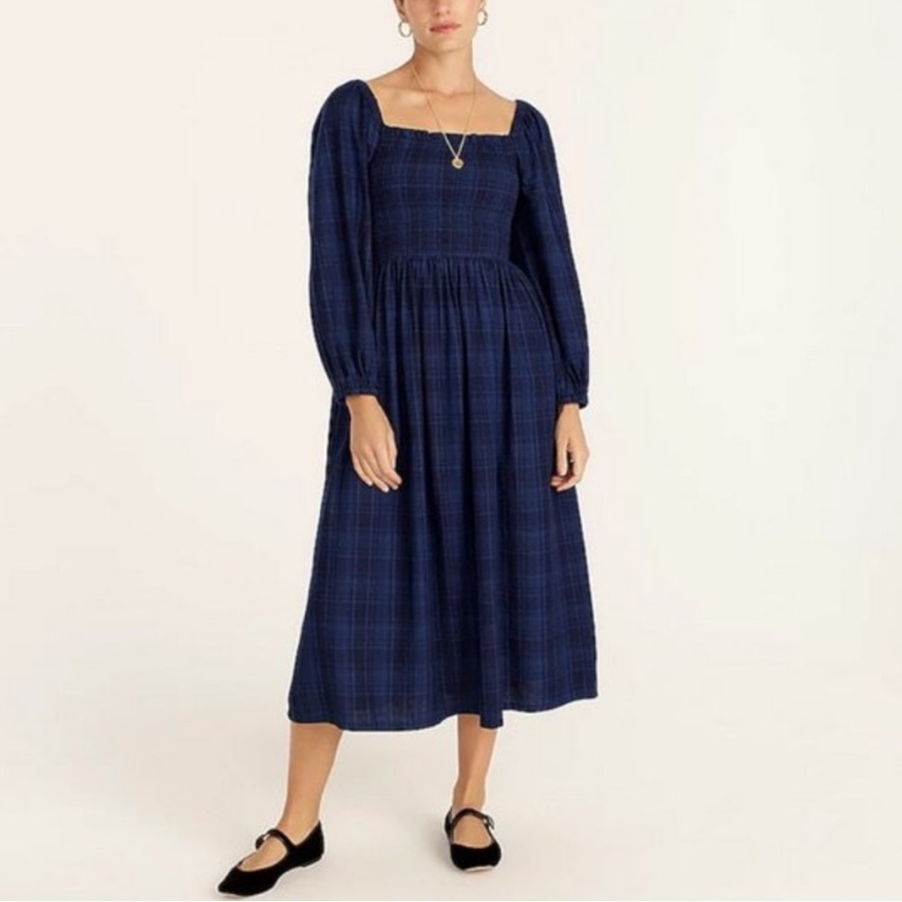 J. Crew Smocked Midi Dress Indigo Plaid Tartan Puff Sleeve Cotton Prairie Fall